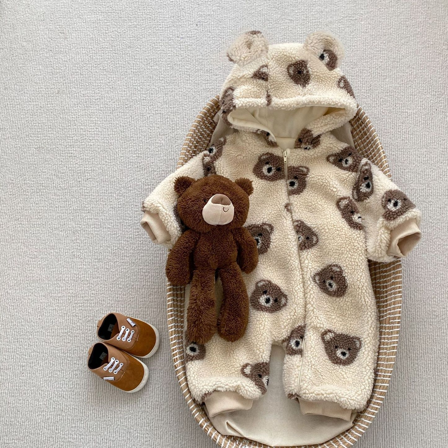 Baby Boy/Girl Winter Fleece Cute Bear Graphic Overall Romper-kissminis