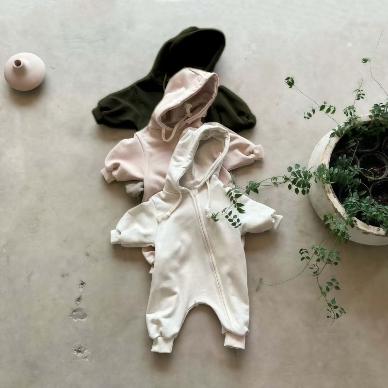 Newborn Baby Boy/Girl Solid Color Hooded Drawstring Side Zipped Pajamas Romper