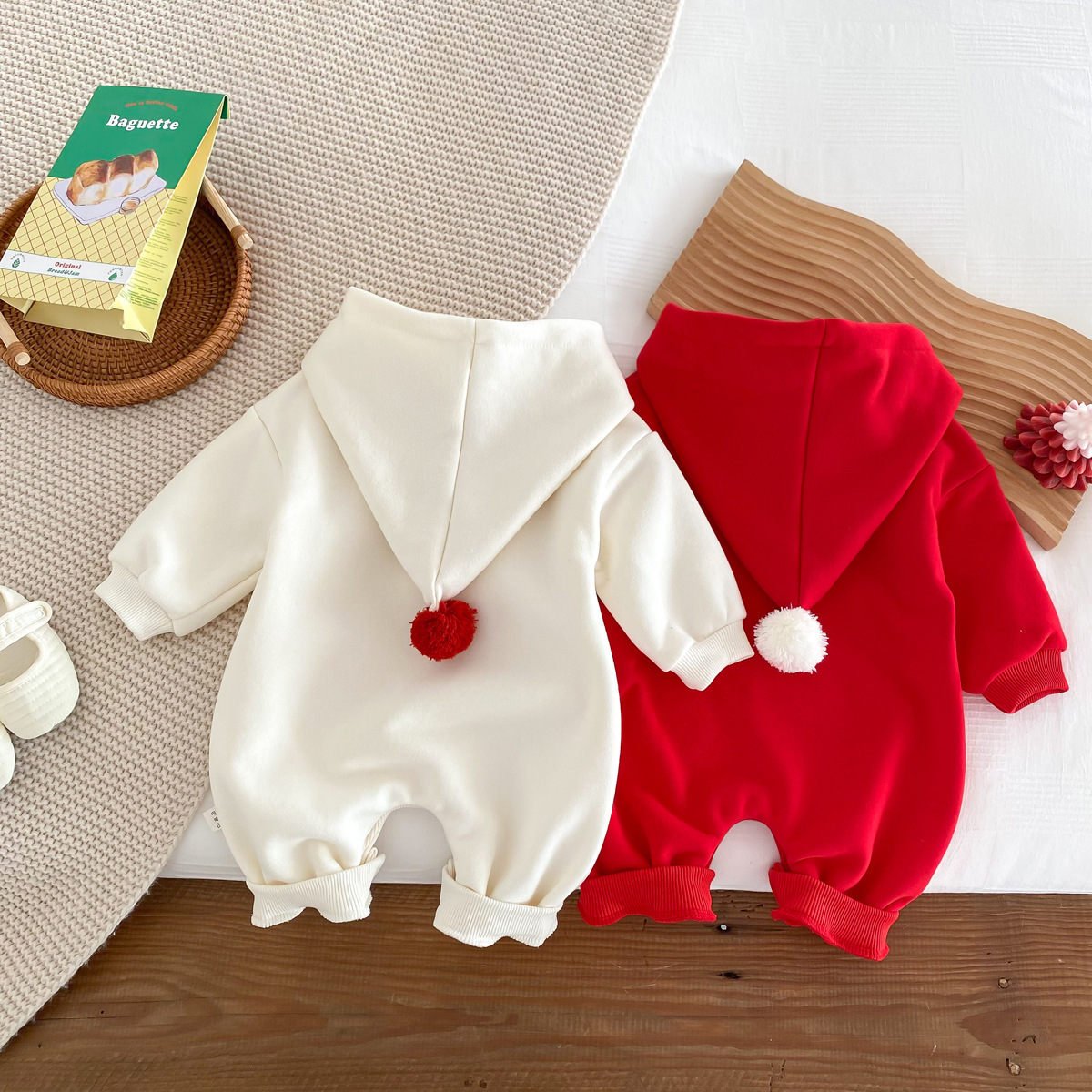 Baby Boy/Girl Christmas Cartoon Print Hooded Long Sleeve Romper-kissminis