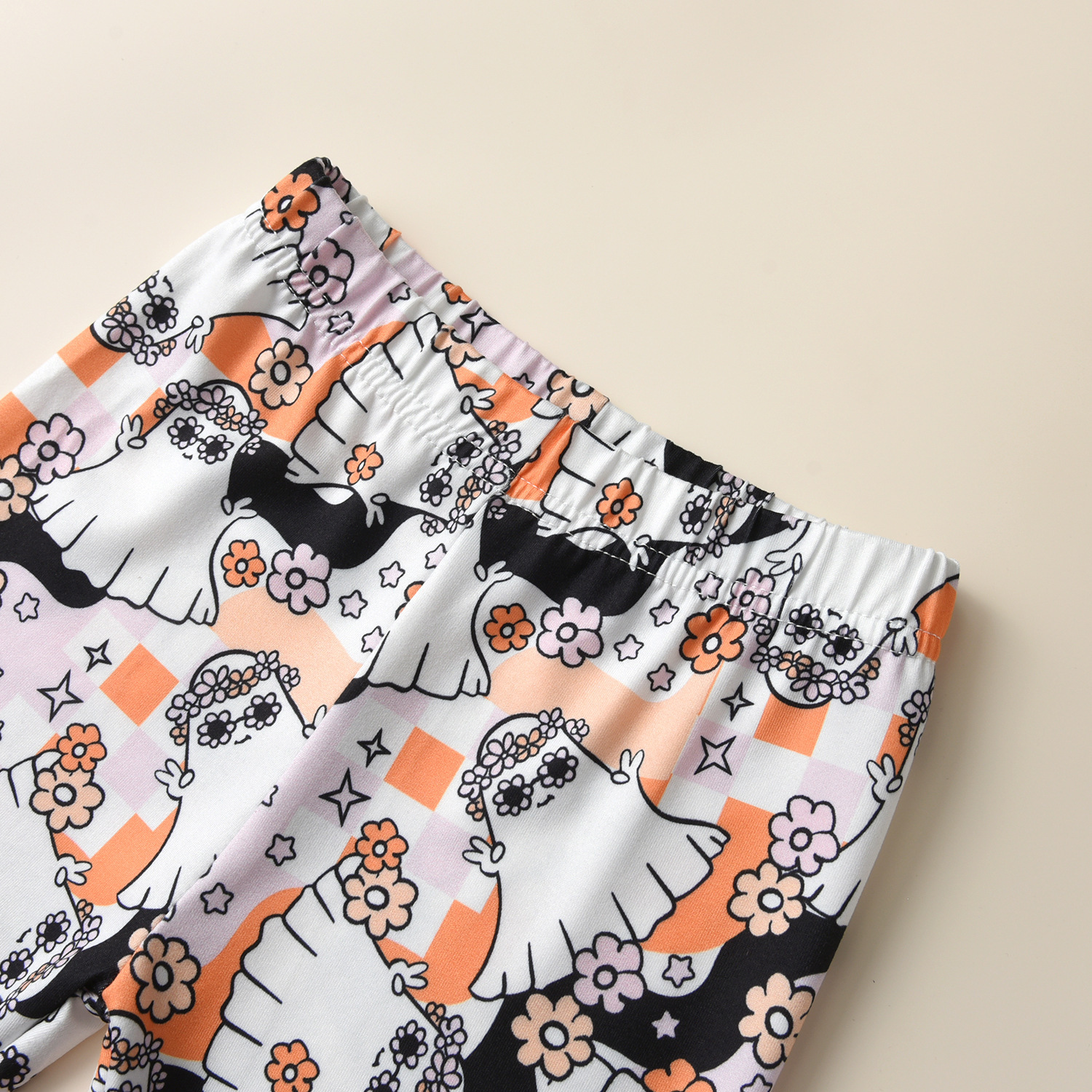 2pcs Toddler Girl Halloween Pumpkin and Ghost Print Bowknot Long Sleeve Tops and Bell Bottoms Set-kissminis