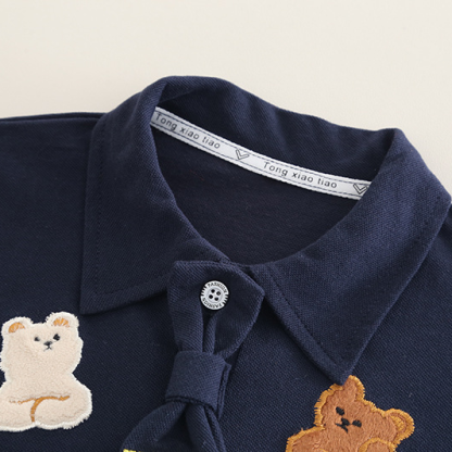 2pcs Bear Embroidery and Tie Detail Denim Shorts Set
