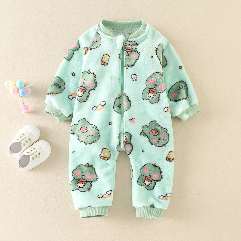 Baby Boy & Girl Dinosaur Graphic Flannel Zippered Long Sleeve Romper-kissminis