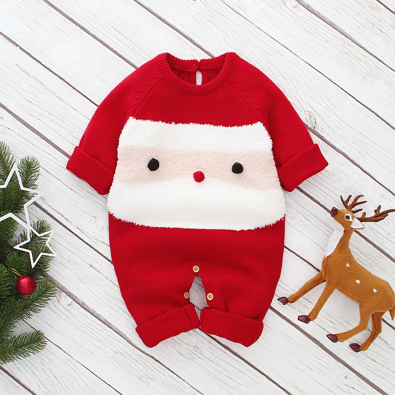 Baby Toddler Boy/Girl Christmas Style Santa Claus Design Knitted Long Sleeve Romper-kissminis