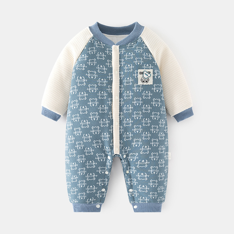 Baby Boy/Girl Bear Patch Long Sleeve Raglan Fluff Romper-kissminis