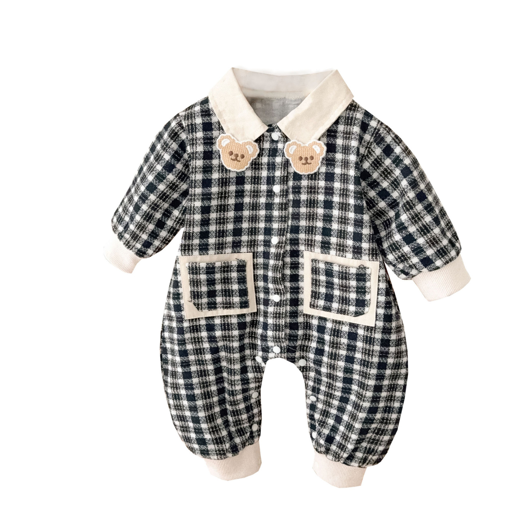 Bear-shaped Collar Decorations Gingham Romper