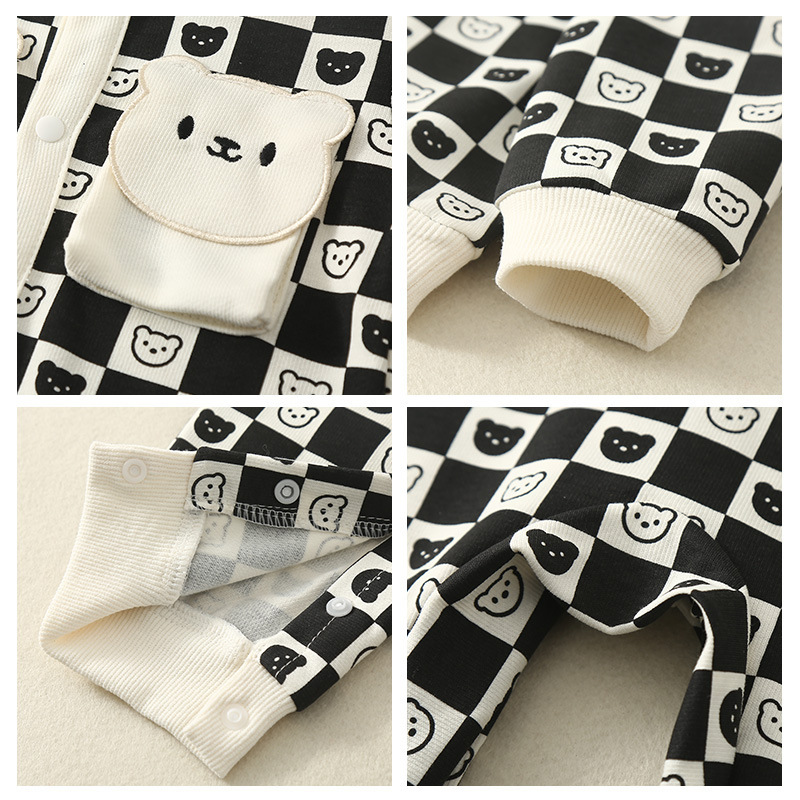 Baby Boy/Girl Gingham White Black Bear Graphic Long Sleeve Romper-kissminis