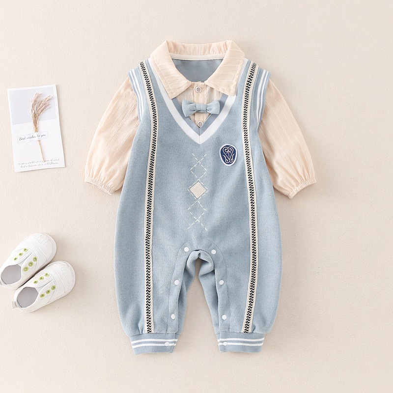 Baby Boy/Girl Mock Two Pieces Collegiate Style Knit Long Sleeve Romper-kissminis