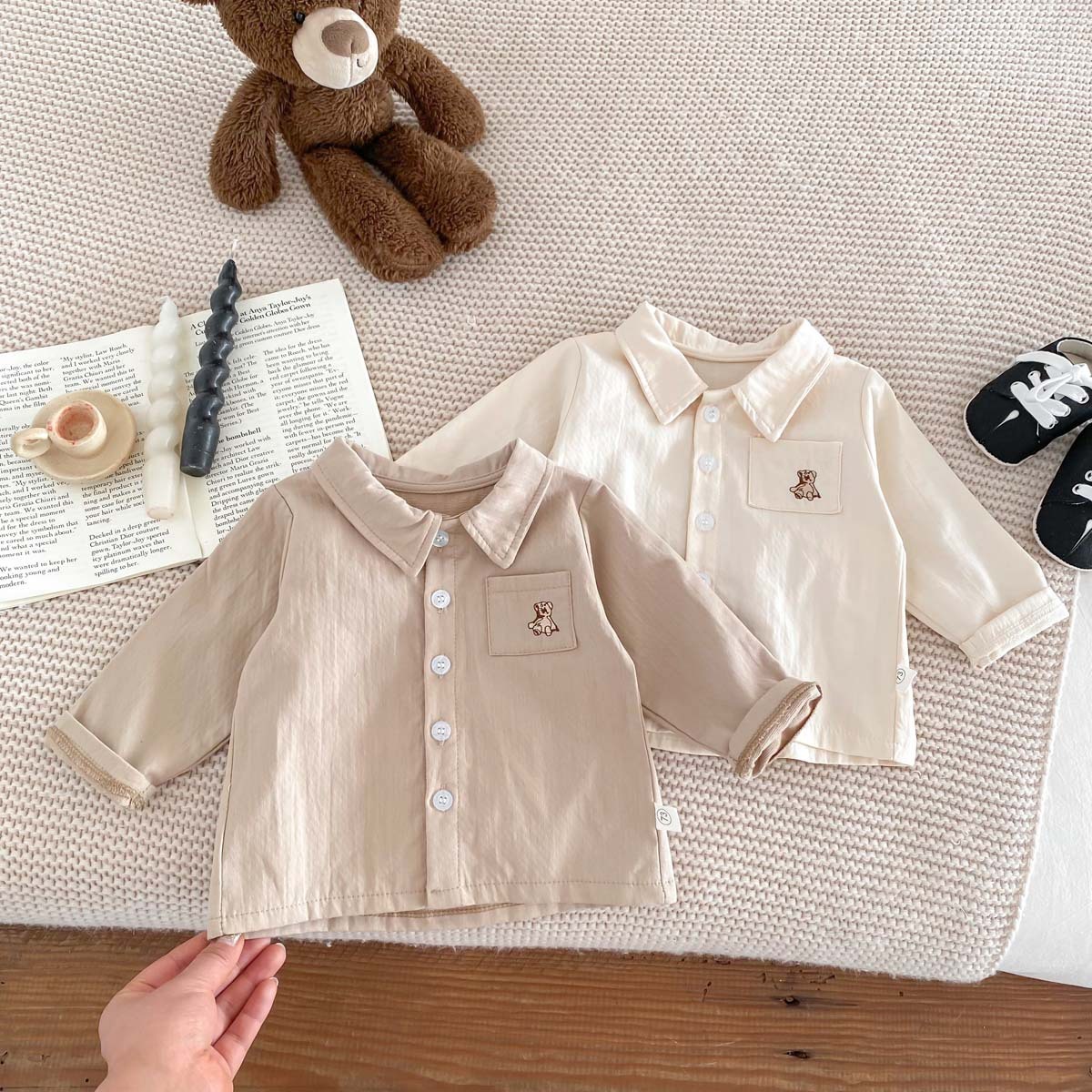 Baby Boy/Girl Solid Color Bear Pattern Cardigan Shirt-kissminis
