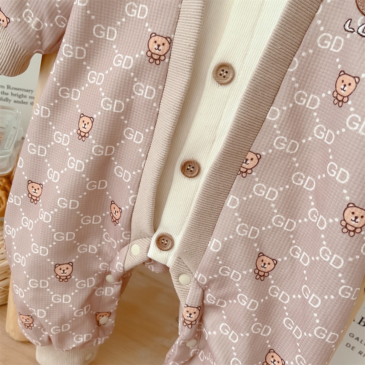 White Collar Bear Pattern, Button Front Design Romper