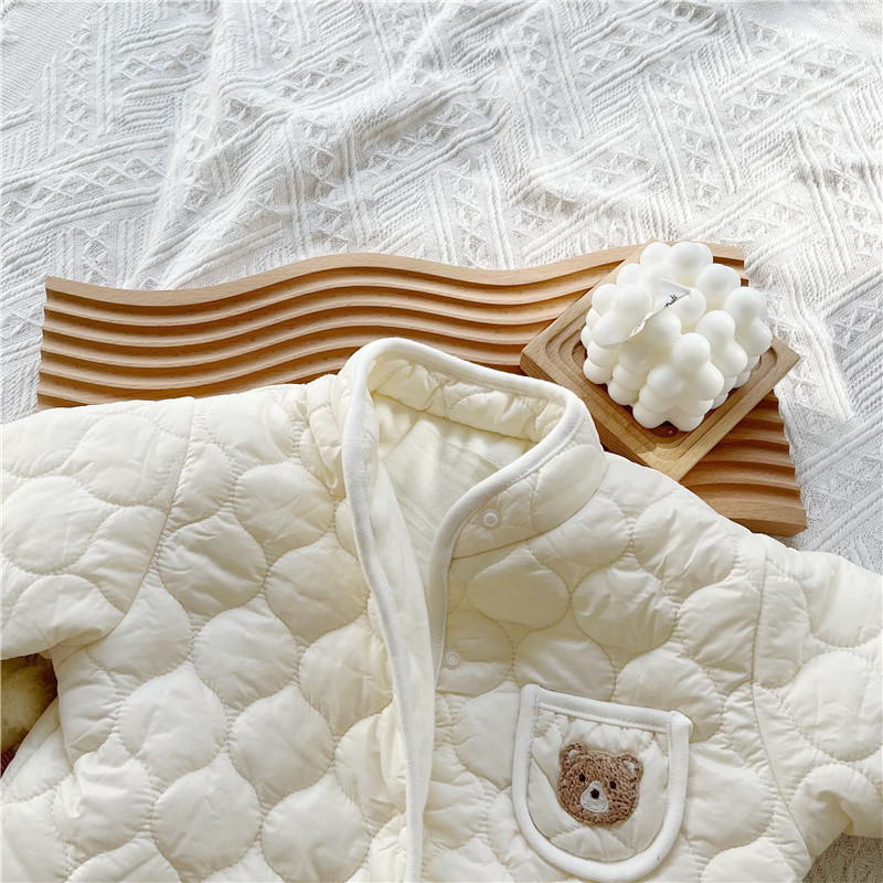 3pcs Baby Boy/Girl Cute Bear Pattern Pocket Solid Color Fluff Long Sleeve Romper with 1 Hat and 1 Scarf-kissminis