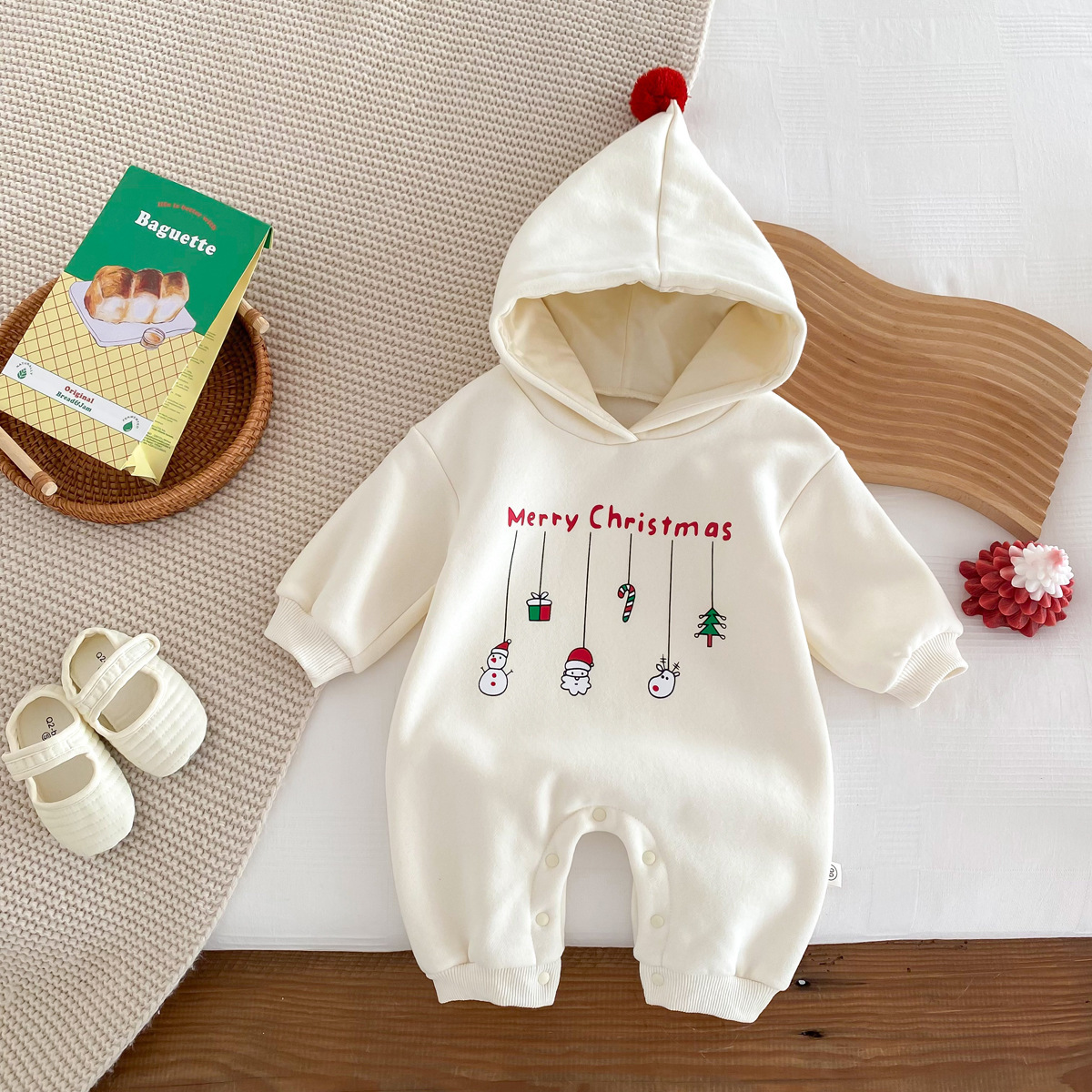 Baby Boy/Girl Christmas Cartoon Print Hooded Long Sleeve Romper-kissminis