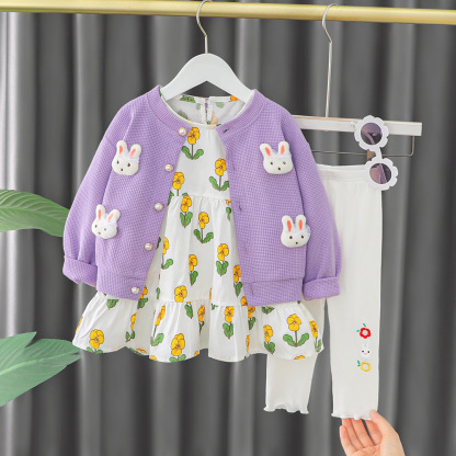 3pcs Cardigan +Dress+Knit Pants Baby Girl Rabbit and Floral Graphics