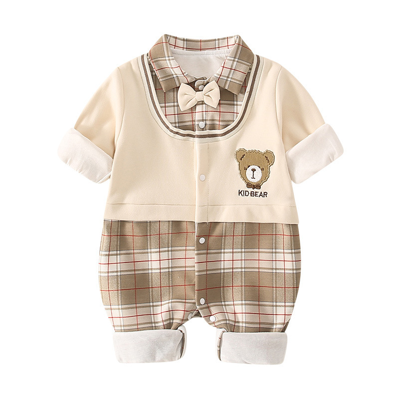 Baby Girl/Boy Fake Two Pieces Plaid Bear Long Sleeve Romper-kissminis