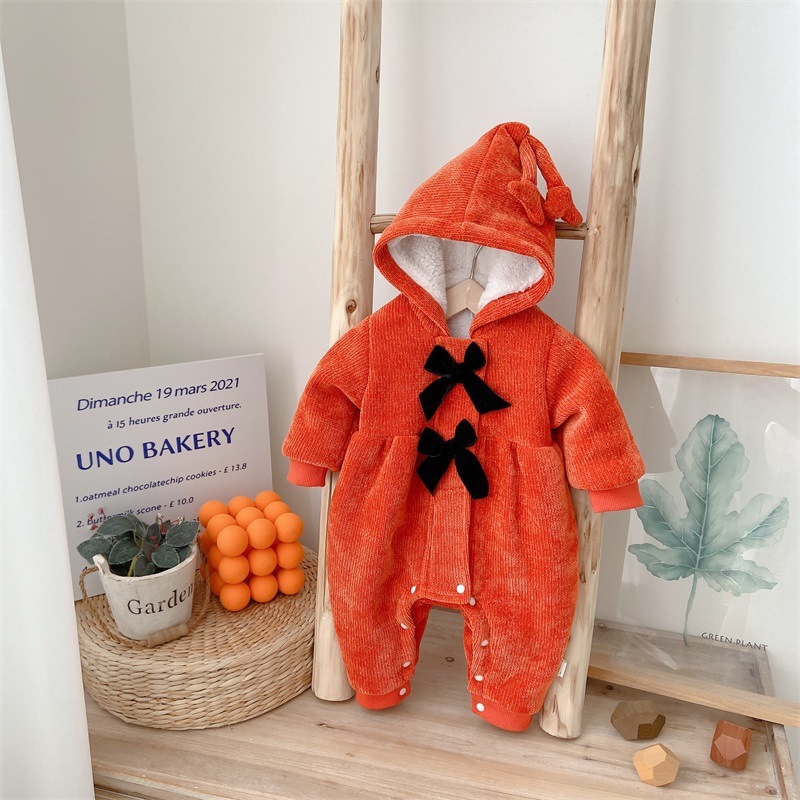 Baby Girl Winter Bowknot Design Long Sleeve Thicken Fluff Hooded Romper-kissminis