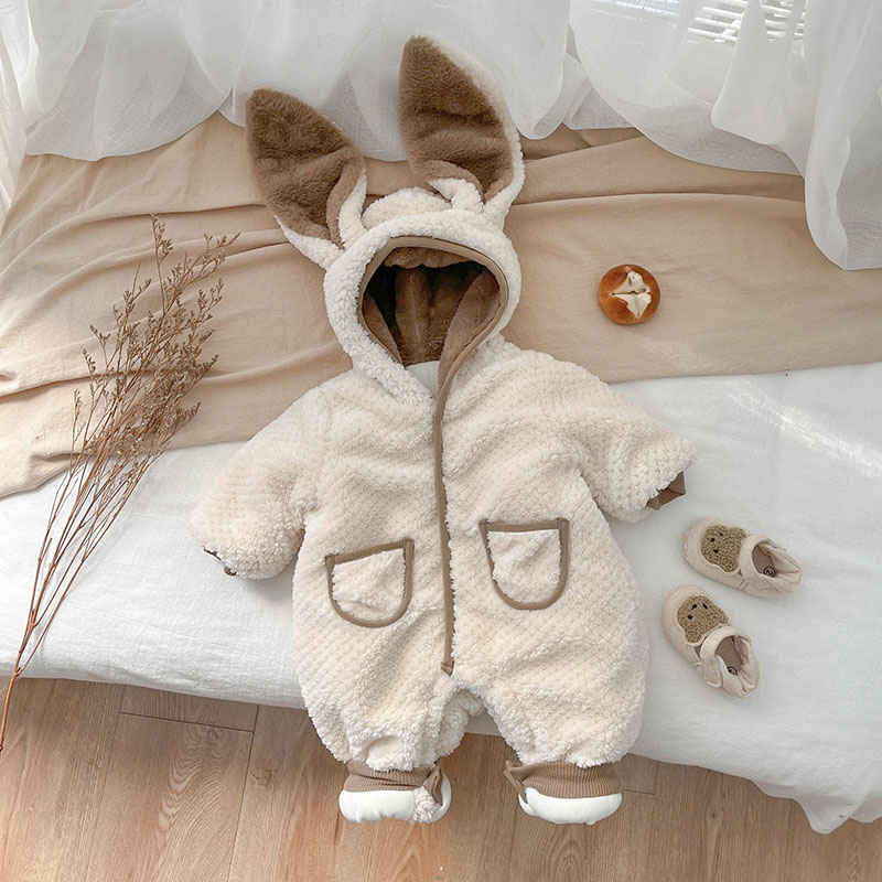 Baby Boy/Girl Solid Color Cute Rabbit Plush Long Sleeves Hooded Romper-kissminis