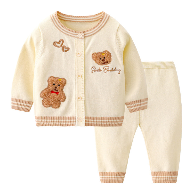 Baby Boy/Girl Ribbed Knit Bear Design Cardigan Sweatshirt with Pants Set-kissminis