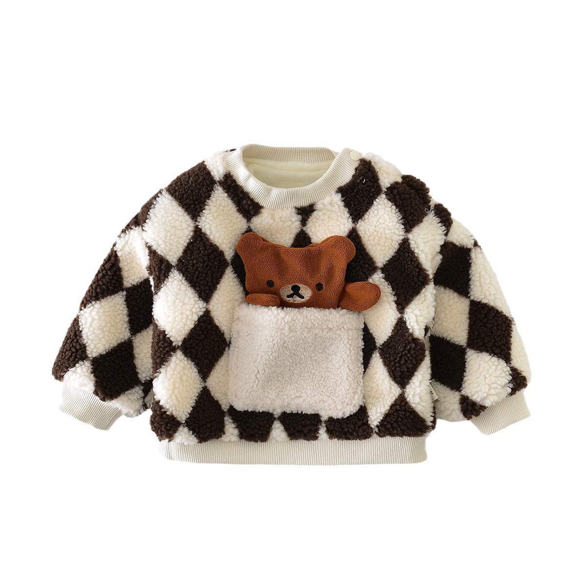 Winter Baby Boy/Girl Cartoon Bear Plaid Fluff Long Sleeve Sweatshirt-kissminis
