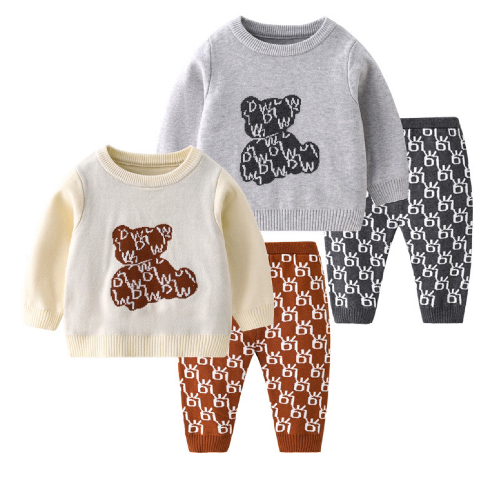 2pcs Baby Boys & Girls Bear Graphic Knit Tops and Pants Set-kissminis
