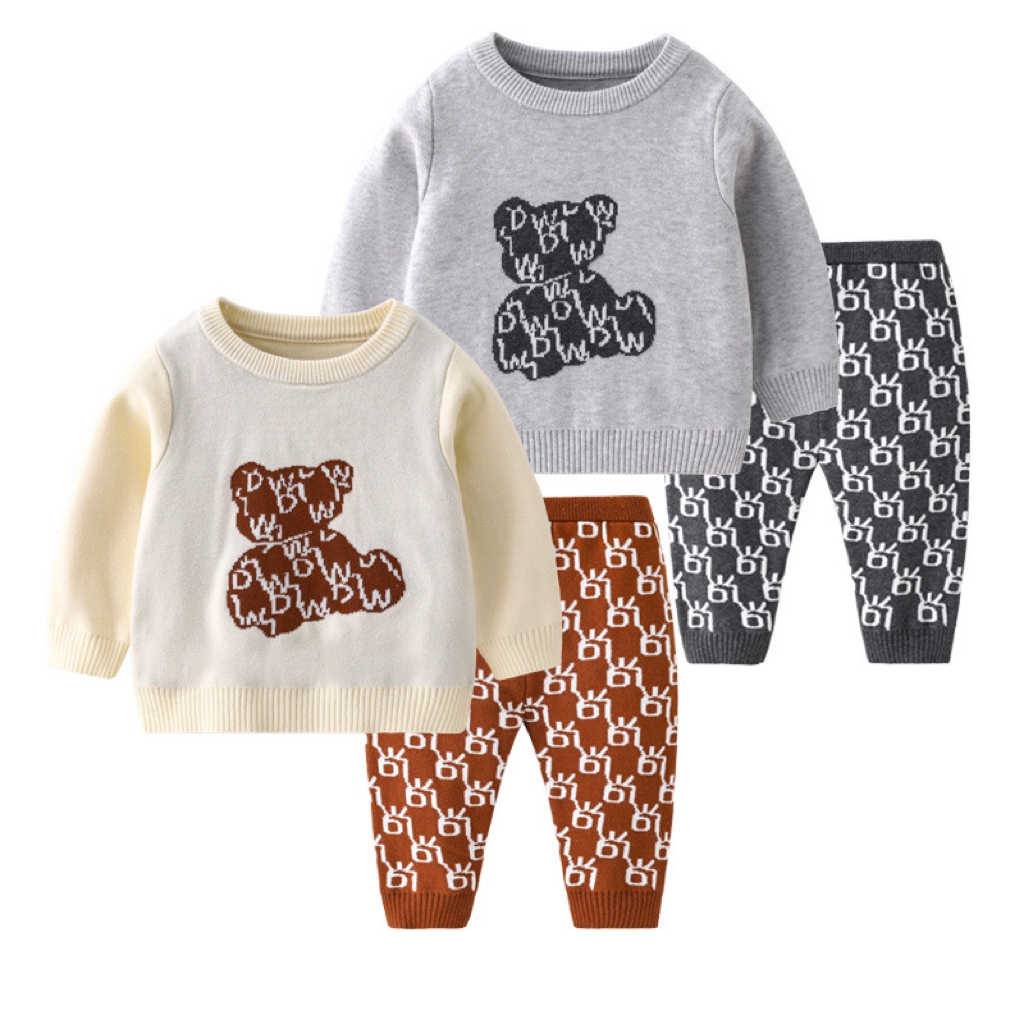 2pcs Baby Boys & Girls Bear Graphic Knit Tops and Pants Set-kissminis