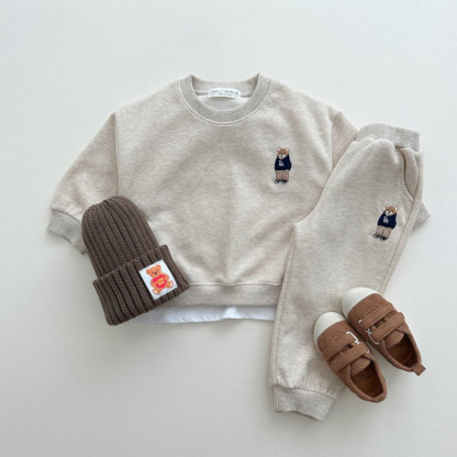 2pcs Toddler Boy/Girl Cool Bear Embroider T-Shirt and Pants Set-kissminis