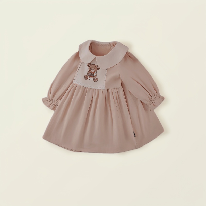 Baby Girl Babydoll Collar Bear Embroidery Long Sleeve Dress