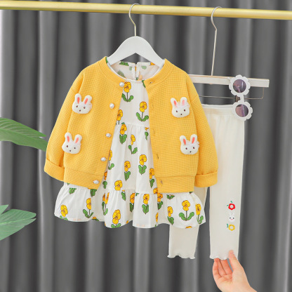 3pcs Cardigan +Dress+Knit Pants Baby Girl Rabbit and Floral Graphics
