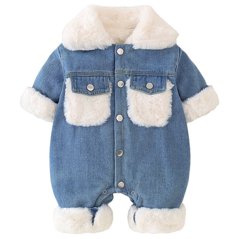 Baby Boy Winter Denim Single Breasted Long Sleeve Fluff Romper-kissminis