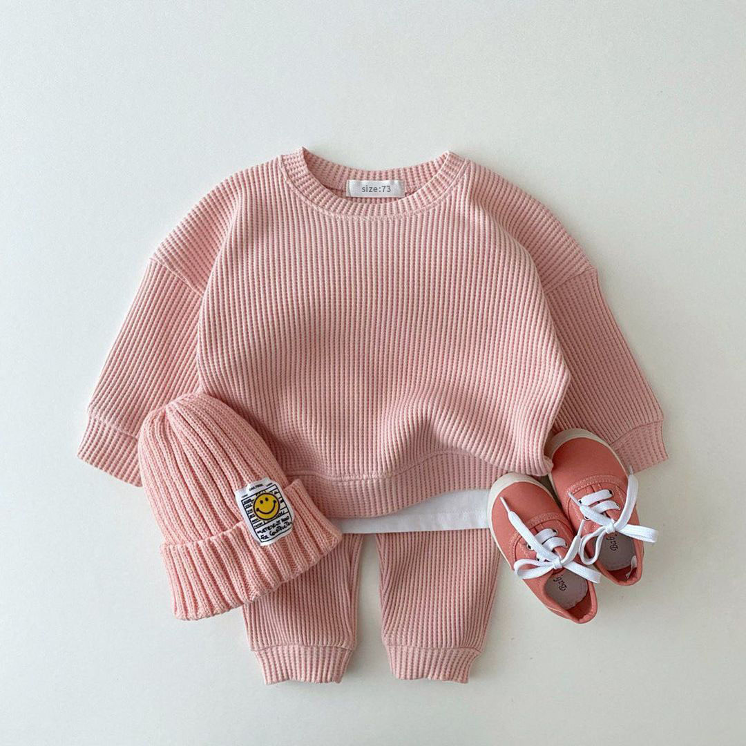 Baby Boy/Girl Waffle Pullover Solid Long Sleeve T-shirt and Elasticized Pants Set