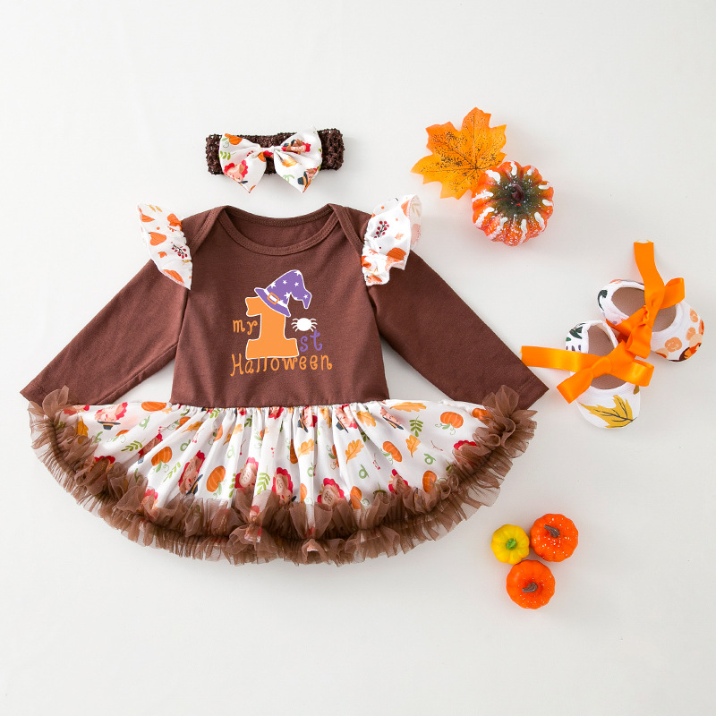 3pcs Newborn Baby Girl Hallowen Wacky Pumpkin Cartoon Print Long Sleeve Dress Set-kissminis