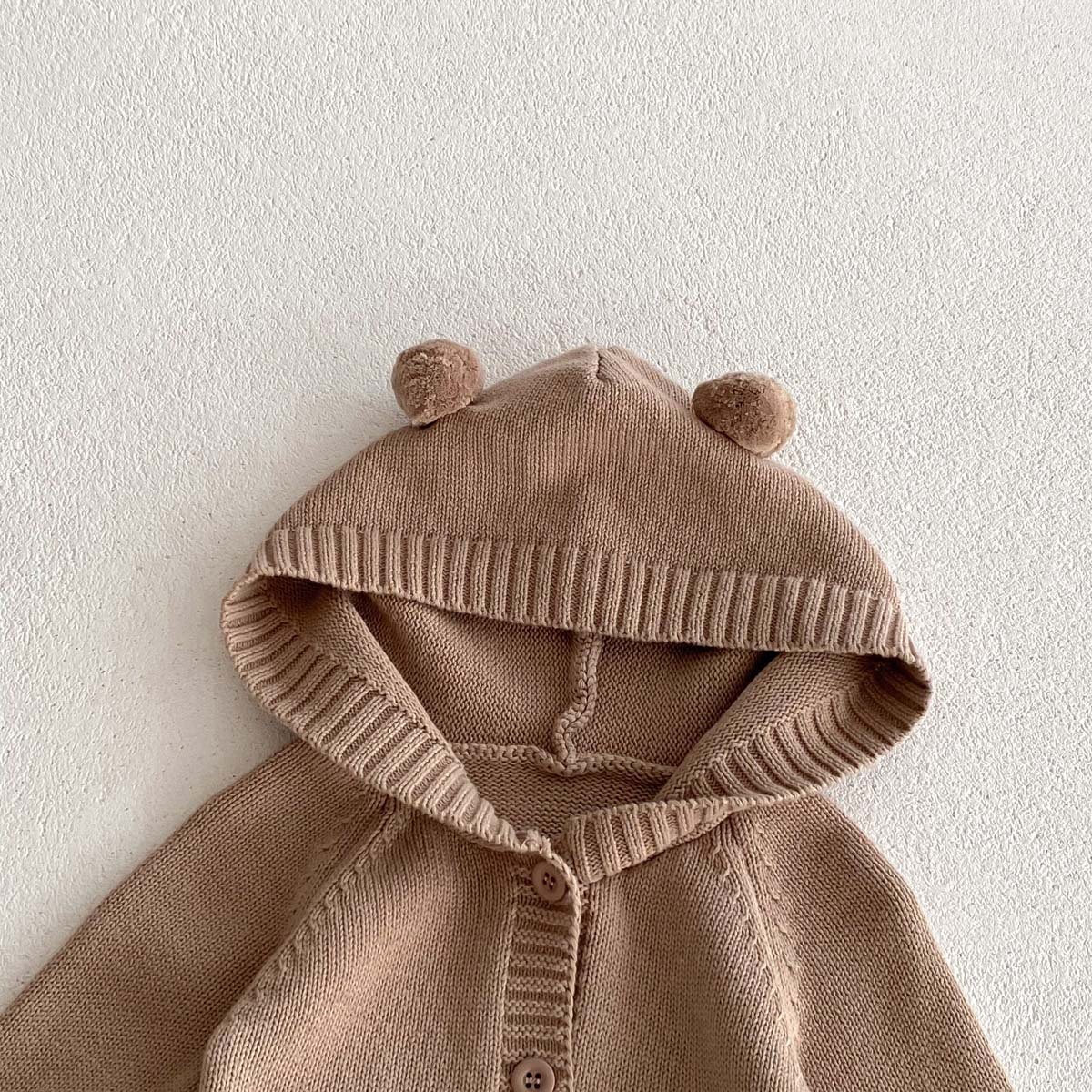 Baby Boy/Girl Cute Bear Design Solid Color Knitted Long Sleeve Bodysuit-kissminis