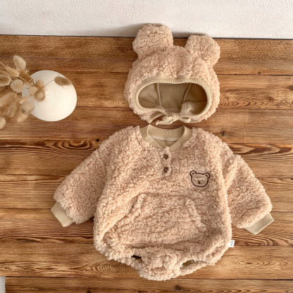 2pcs Winter Baby Boy/Girl Cute Bear Design Fluff Long Sleeve Romper with Hat Set-kissminis
