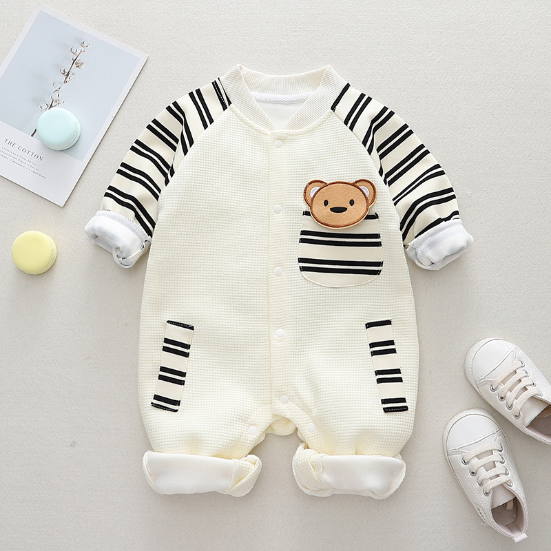 Baby Boy/Girl Stripe Line Bear Graphic Waffle Romper-kissminis