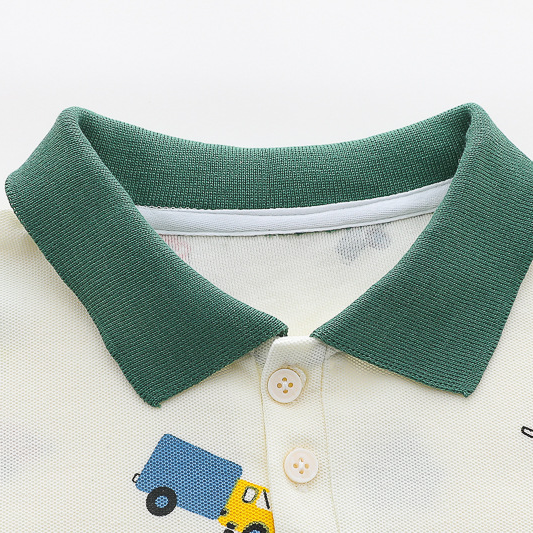 2pcs Vehicle Print Shirt with Green Collar Polo Short Sleeve Shorts Set