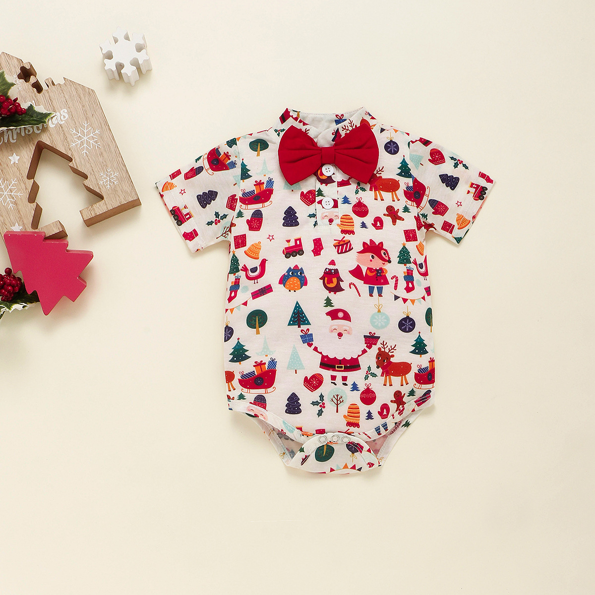 2pcs Baby Boy Christmas Cartoon Print Bow Tie Short Sleeve Romper with Bib Pants Set-kissminis