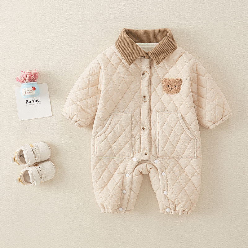 Baby Boy & Girl Cartoon Bear Graphic Thicken Long Sleeve Romper-kissminis