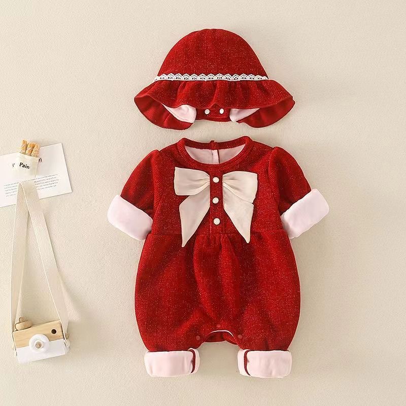 Baby Girl Solid Color Winter Thicken Long Sleeve Romper with Hat Set-kissminis