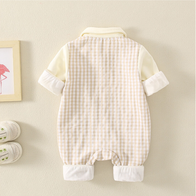 Baby Mock Two-pieces Plaid Collar Single Breasted Long Sleeve Romper-kissminis
