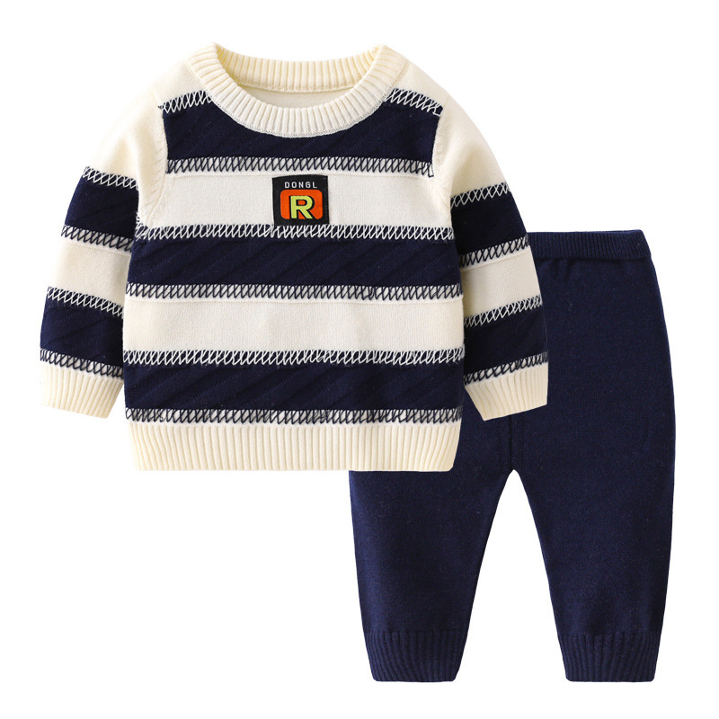 Baby Boy/Girl Ribbed Knit Stripe Pullover Sweatshirt with Pants Set-kissminis