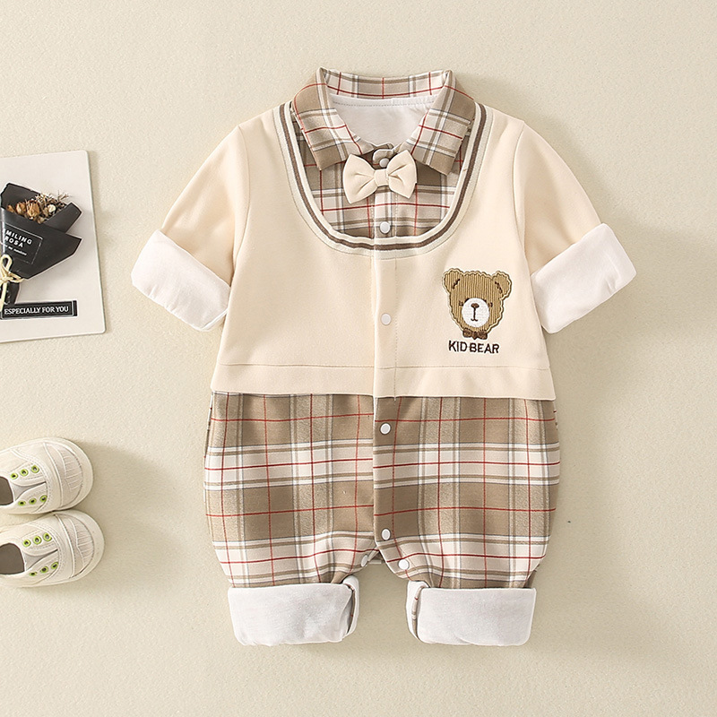 Baby Girl/Boy Fake Two Pieces Plaid Bear Long Sleeve Romper-kissminis