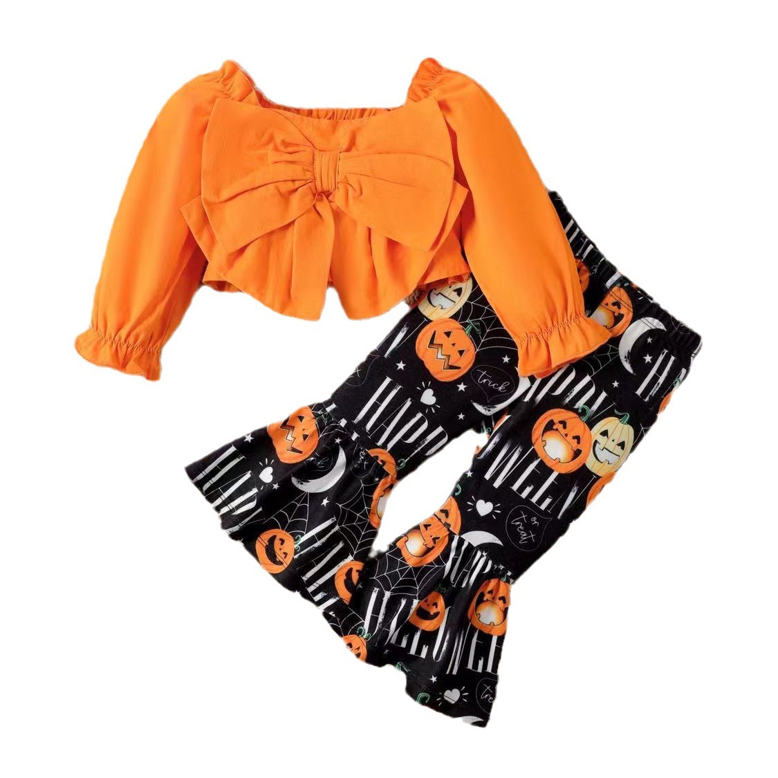 2pcs Baby Girl Hallowen Pumpkin Print Bowknot Long Sleeve Tops and Bell Bottoms Set-kissminis