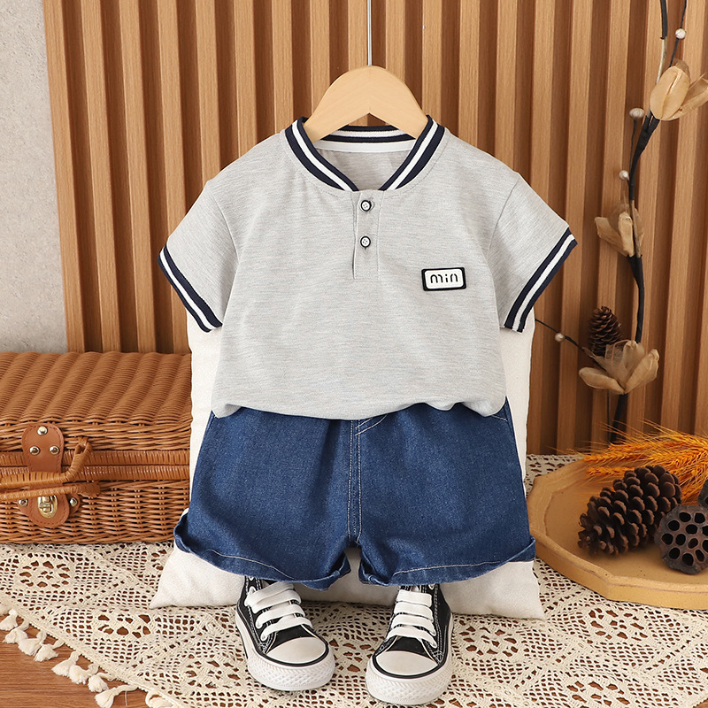 Henley Style Short Sleeve Shirt with Trim Detail and Denim Shorts Set
