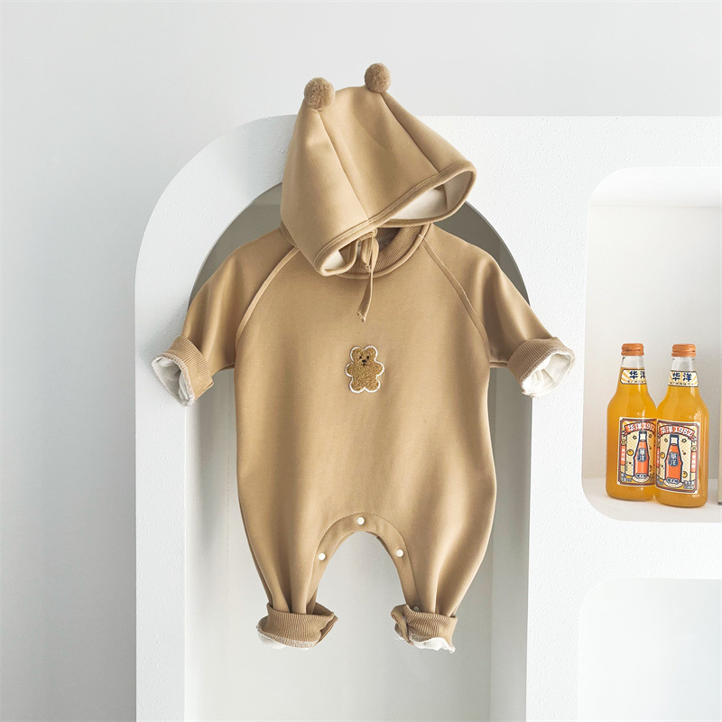Baby Boy/Girl Bear Pattern Solid Color Long Sleeve Romper and Hat Set-kissminis