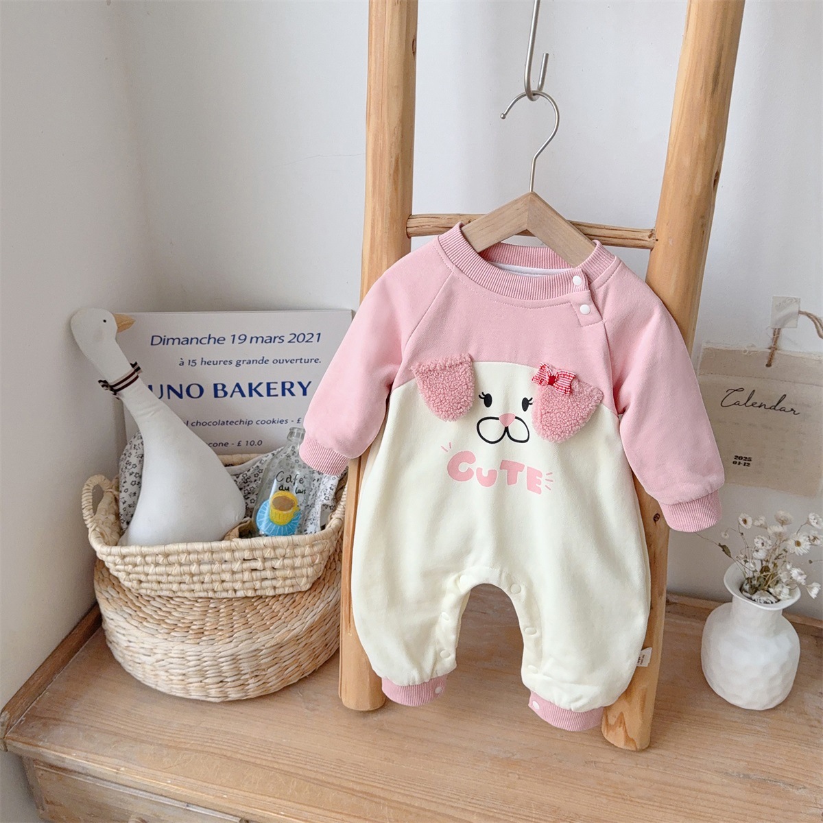 Puppy-face Design and “CUTE” Text Pink and Cream Romper