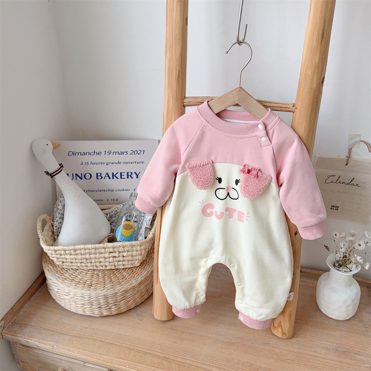 Puppy-face Design and “CUTE” Text Pink and Cream Romper