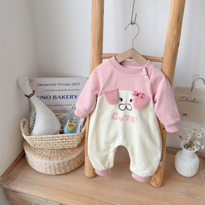 Puppy-face Design and “CUTE” Text Pink and Cream Romper
