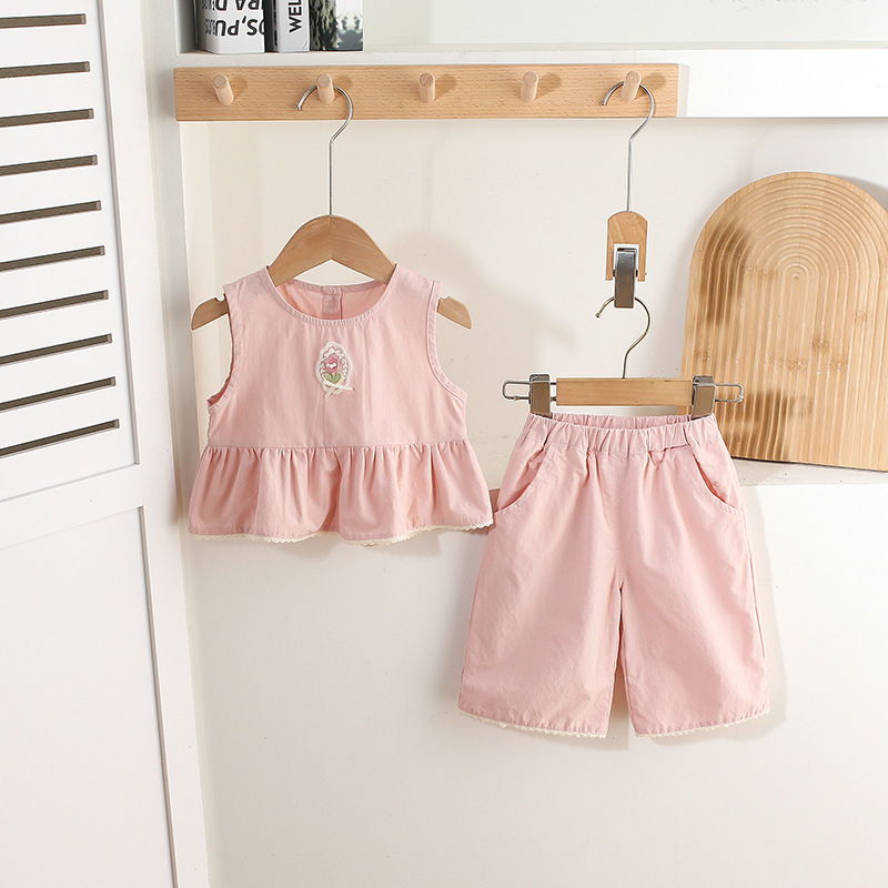 Pink Sleeveless Ruffled Top Matching 2pcs Shorts Set