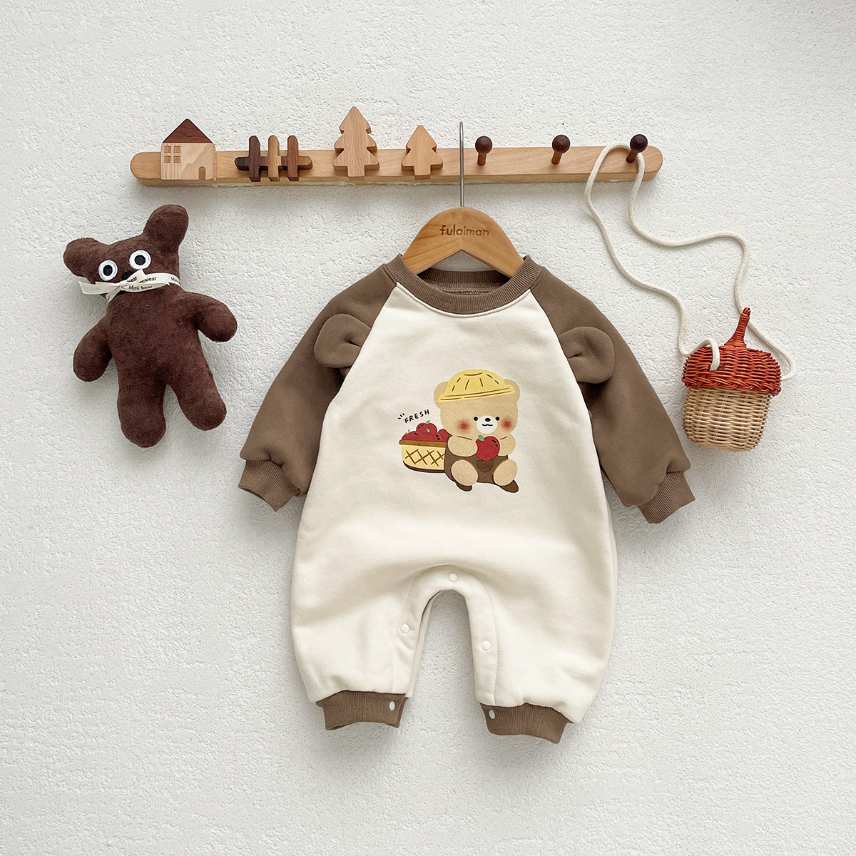 Baby Boy/Girl Cartoon Bear Graphic Long Sleeve Romper-kissminis