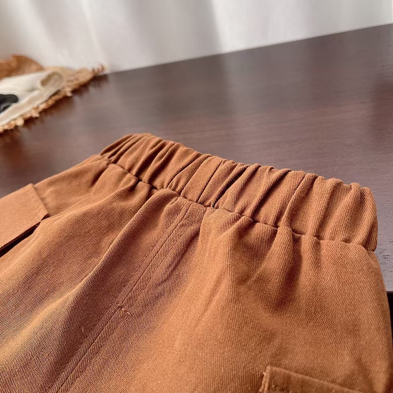 Navy and Beige Striped Polo Short Sleeve Shirt and Brown Shorts Set
