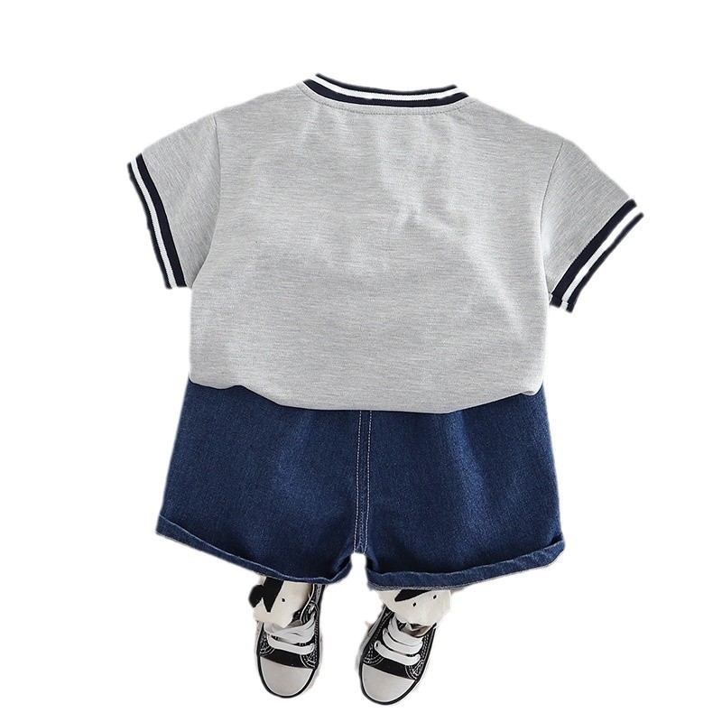 Henley Style Short Sleeve Shirt with Trim Detail and Denim Shorts Set