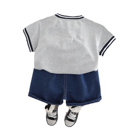 Henley Style Short Sleeve Shirt with Trim Detail and Denim Shorts Set